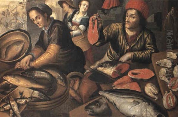 A Fish Stall, With A Fishmonger Holding Up A Salmon Steak Oil Painting by Joachim Beuckelaer