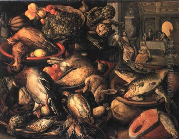 Game, Fish, Fruit And Vegetables In A Larder, Christ With Mary Beyond Oil Painting by Joachim Beuckelaer