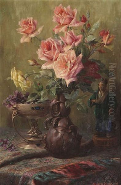 Stilleven Met Rozen, Tazza En Chinese Figuur Oil Painting by Pascal De Beucker