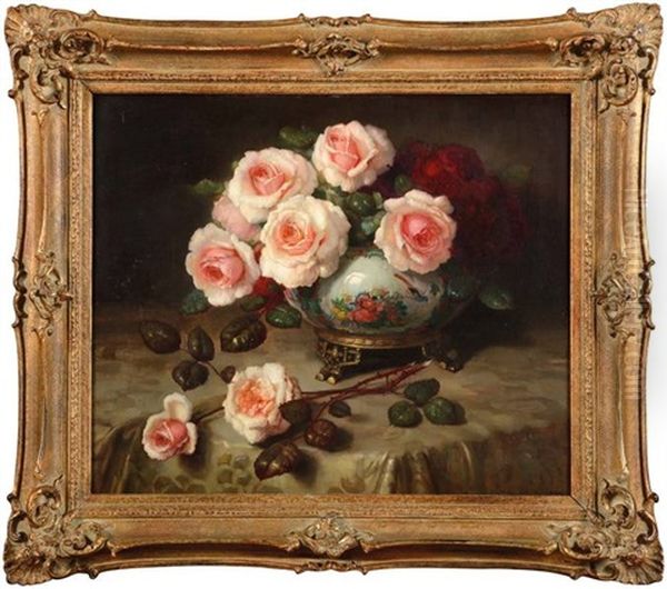 Bouquet De Roses Dans Un Vase Chinois Oil Painting by Pascal De Beucker