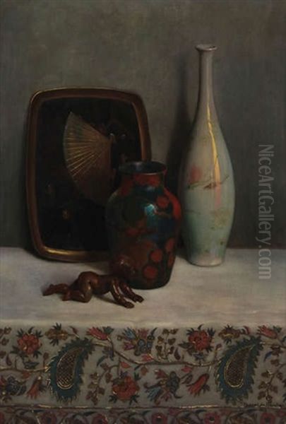 Nature Morte Avec Objets Japonais Sur Drap Brode Oil Painting by Pascal De Beucker