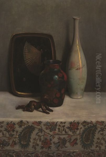 Nature Morte Avec Objets Japonais Sur Drap Brode Oil Painting by Pascal De Beucker