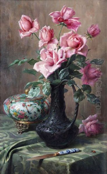 Nature Morte Aux Roses Et Vase En Porcelaine De Canton Oil Painting by Pascal De Beucker