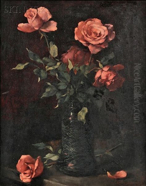 Still Life With Pink Roses Oil Painting by Pascal De Beucker