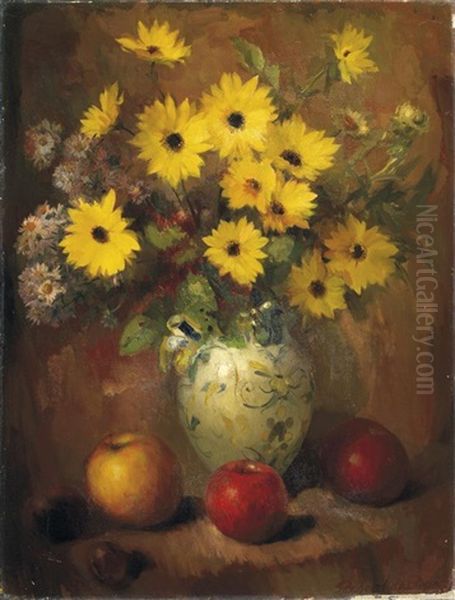 Stilleben. Neben Drei Apfeln Auf Dem Tisch Eine Vase Mit Herbstblumen Oil Painting by Pascal De Beucker