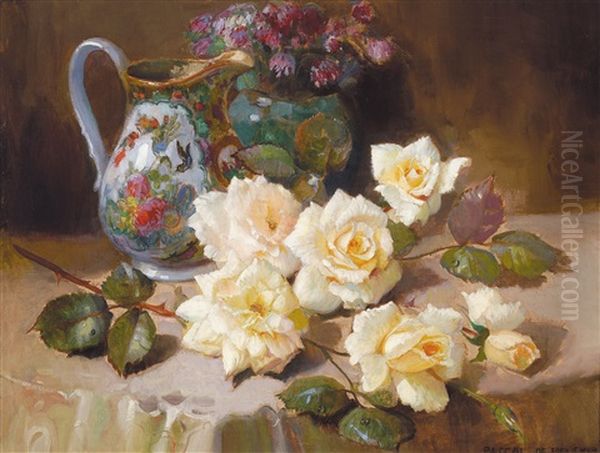 Nature Morte Aux Roses Jaunes Oil Painting by Pascal De Beucker