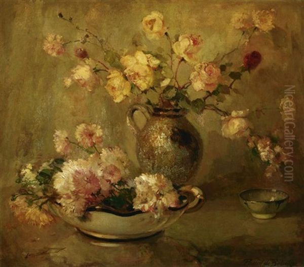 Stilleben Mit Rosen In Einem Tonkrug Sowie Einer Porzellanschale Oil Painting by Pascal De Beucker