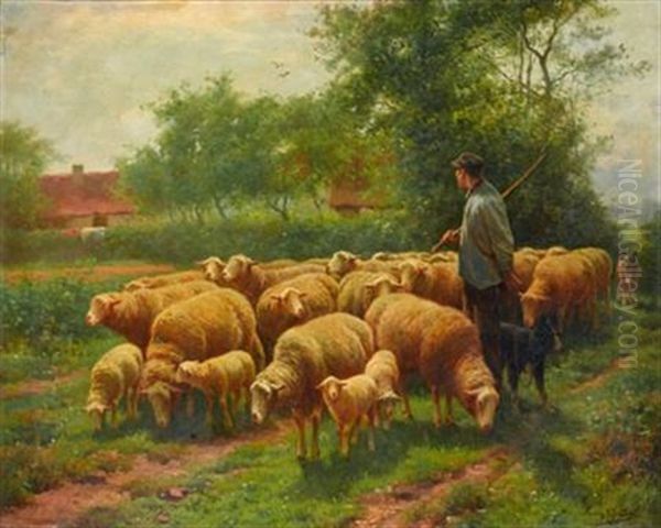 Sheep Herder With Flock Oil Painting by Frans De Beul