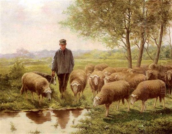 Berger Et Moutons A L'abreuvoir Oil Painting by Frans De Beul