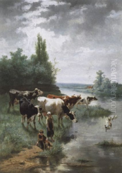 Koeienhoedertjes Bij De Rivier Oil Painting by Frans De Beul