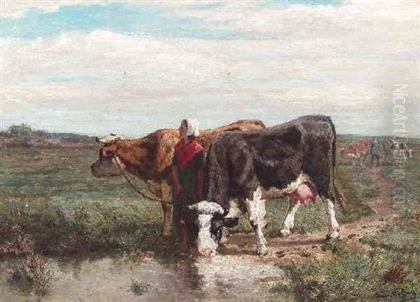 Bauerin Mit Zwei Kuhen An Der Tranke Oil Painting by Frans De Beul