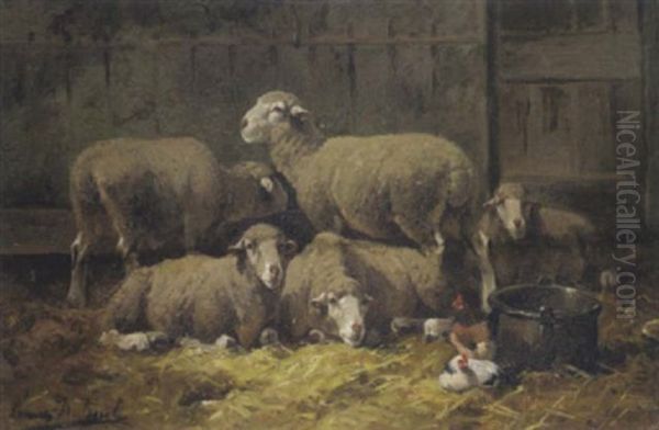 Schafe Und Huhner Im Stall Oil Painting by Frans De Beul