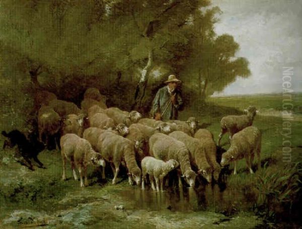 Schaapherder Met Kudde Bij De Drinkplaats Oil Painting by Frans De Beul