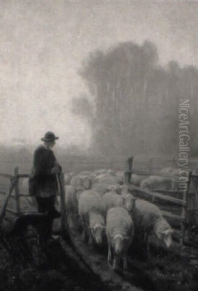 Tending The Flocks: Shepherd And Dog With Sheep Oil Painting by Frans De Beul