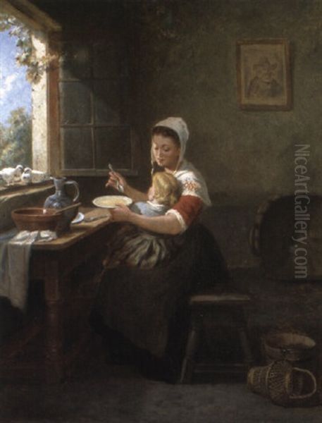 Moeder En Kind In Een Interieur Oil Painting by Frans De Beul