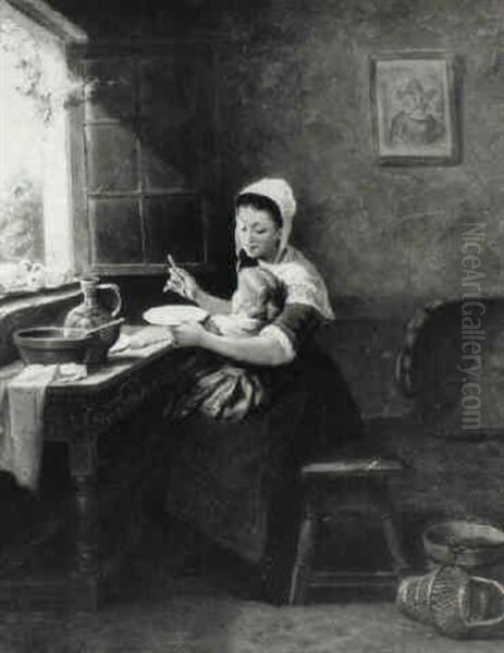 An Interior With A Mother Feeding Her Child Oil Painting by Frans De Beul