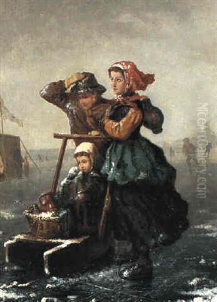 Children Ice-skating Oil Painting by Frans De Beul