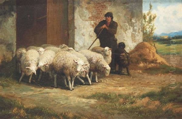 Shepherd With Herd Oil Painting by Henri De Beul