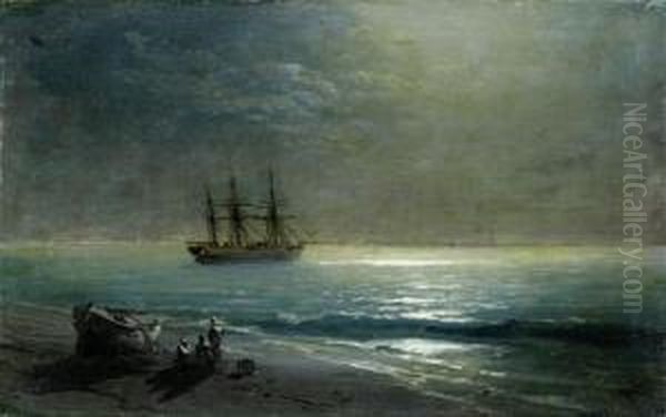 Sailing Ships At The Coast In The Moonlight Oil Painting by Ivan Konstantinovich Aivazovsky