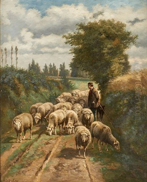 La Conduite Du Troupeau De Moutons Dans Le Chemin Creux Oil Painting by Henri De Beul