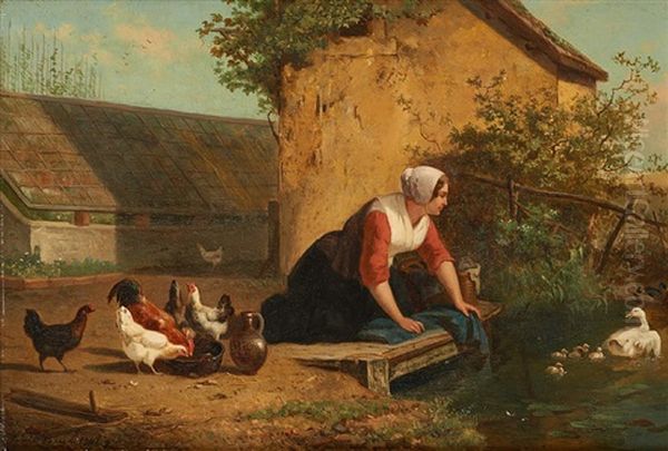 La Fermiere Decouvrant La Nichee De Canards Oil Painting by Henri De Beul