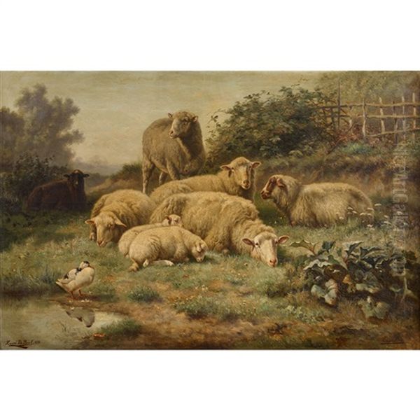 Sheep In A Meadow Oil Painting by Henri De Beul