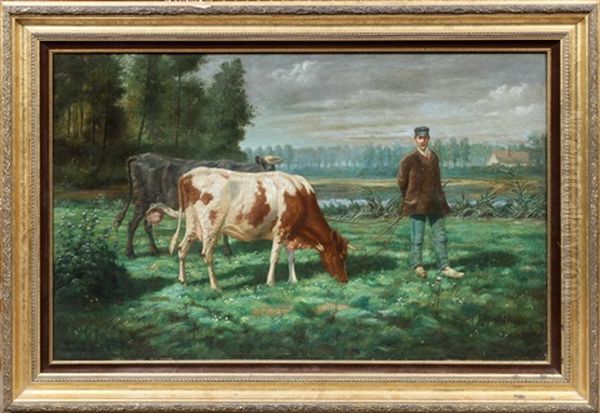 Normandy Landscape With Cows & Man Oil Painting by Henri De Beul