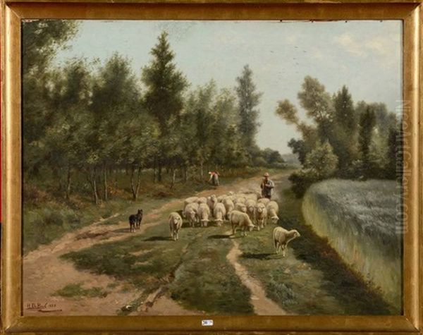 Bergers Et Troupeau Sur Un Chemin De Campagne by Henri De Beul