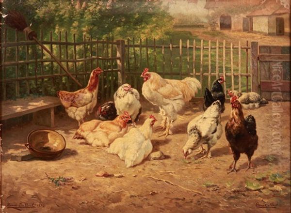 Chickens In A Fenced Barnyard Oil Painting by Henri De Beul