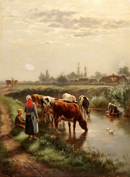 Vieh Bei Der Tranke Oil Painting by Henri De Beul