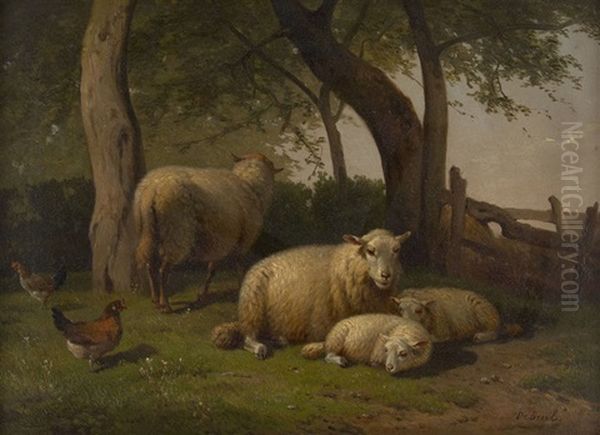 Moutons Et Poules A La Barriere Oil Painting by Henri De Beul