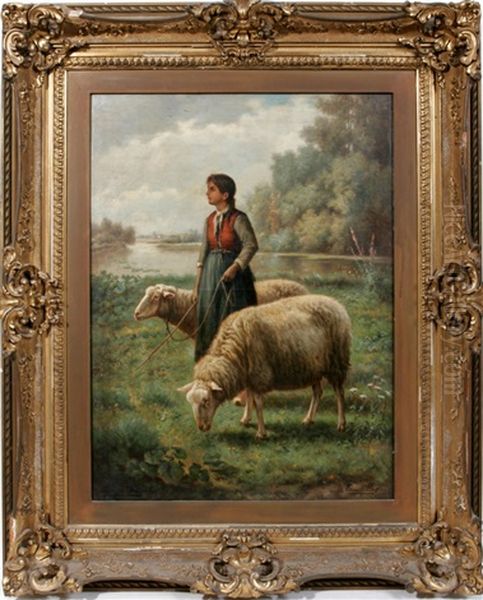 Shepherdess With 2 Sheep Oil Painting by Henri De Beul