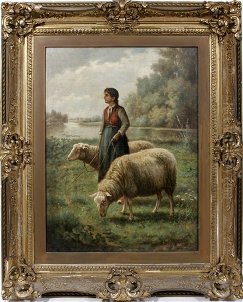 Shepherdess With Two Sheep Oil Painting by Henri De Beul