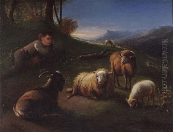 Hirtenjunge Mit Schafen Und Ziege Bei Der Abendrast Oil Painting by Henri De Beul