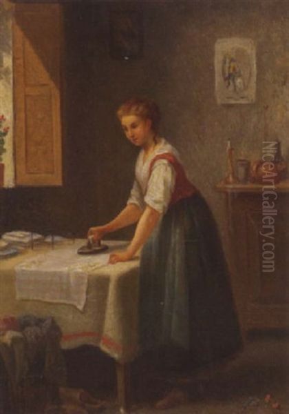 Interior Scene With An Ironing Woman Oil Painting by Henri De Beul