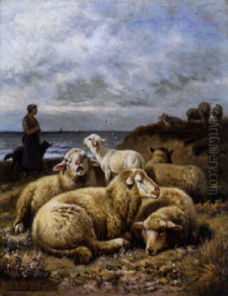 Schapenhoedster Met Kudde Langs De Zee Oil Painting by Henri De Beul