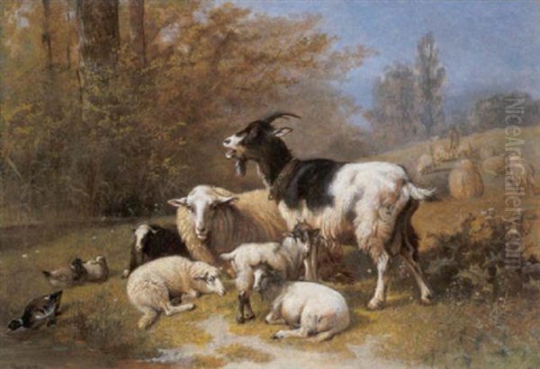 Schapen, Geiten En Eenden In Een Landschap Oil Painting by Henri De Beul