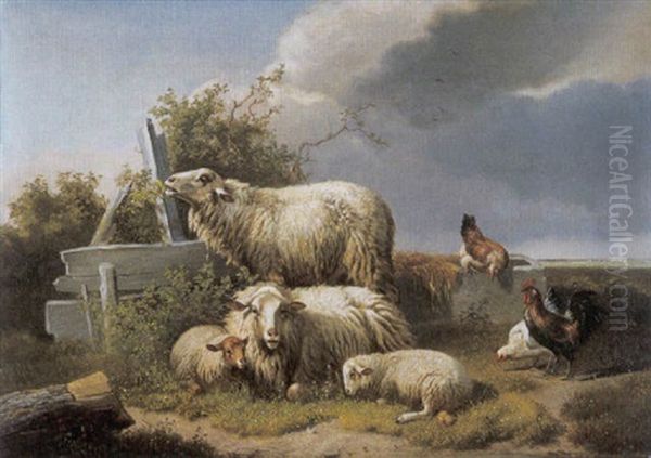 Schapen En Kippen In Een Landschap Oil Painting by Henri De Beul