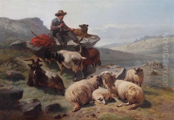 Paysage Accidente Anime D'un Berger Aux Moutons Au Repos Oil Painting by Laurent De Beul