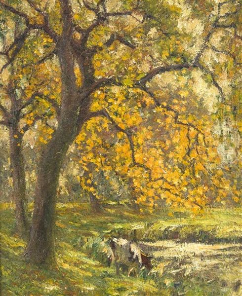 Herbstliche Landschaft Mit Kuh Am Kanalufer Oil Painting by Alphonse van Beurden Sr.