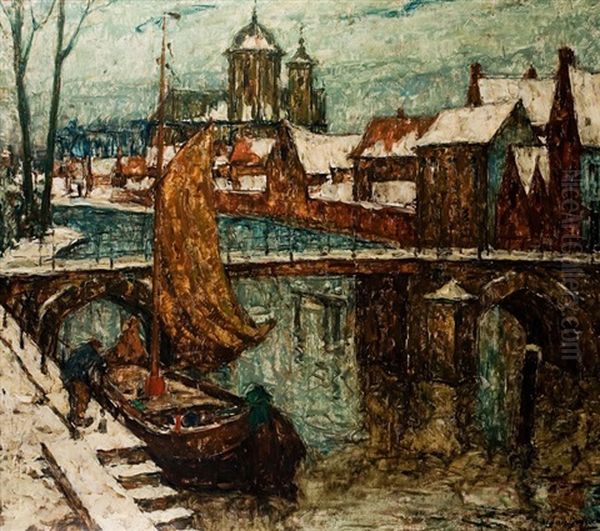 Ville Enneigee Oil Painting by Alphonse van Beurden Sr.