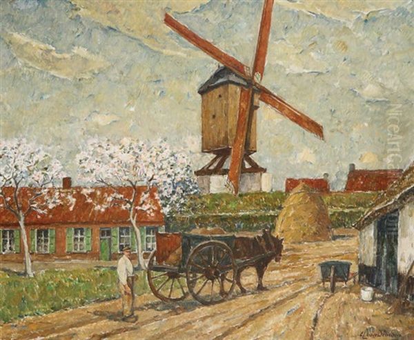 Paysage Anime D'un Paysan Et Char Pres D'un Moulin A Vent Oil Painting by Alphonse van Beurden Sr.