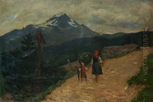 Enfants Se Promenant Dans Un Paysage Alpin Oil Painting by Emil Beurmann