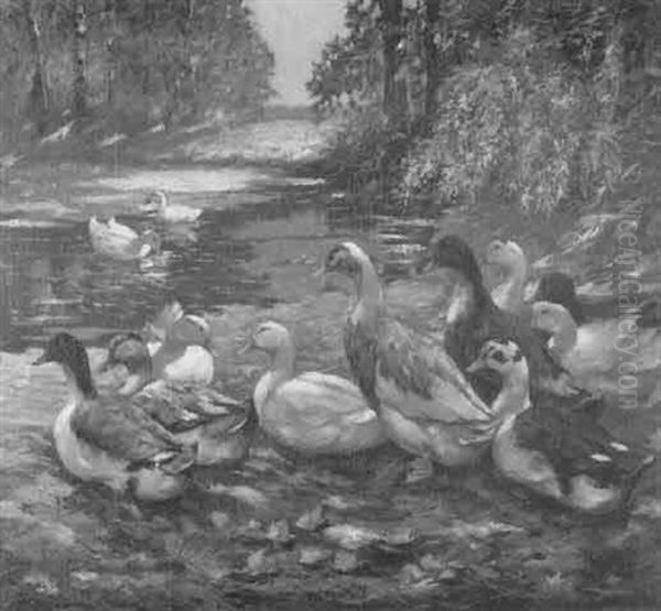 Entenfamilie An Einem Teich Oil Painting by Alfred Beyer