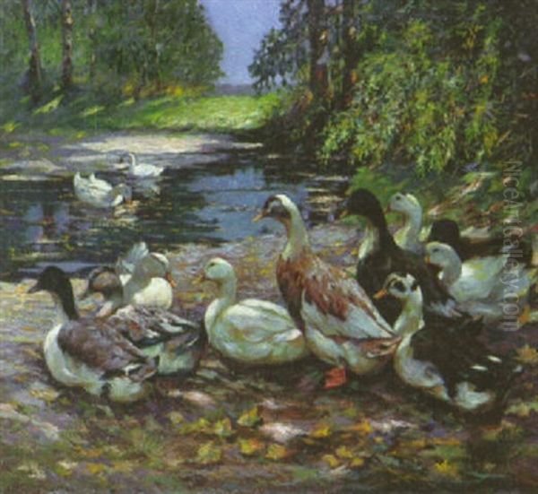 Enten Am Teich Oil Painting by Alfred Beyer