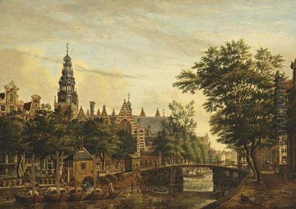 A View Of The Oude Kerk From The Oudezijds Voorburgwal, Amsterdam Oil Painting by Jan De Beyer