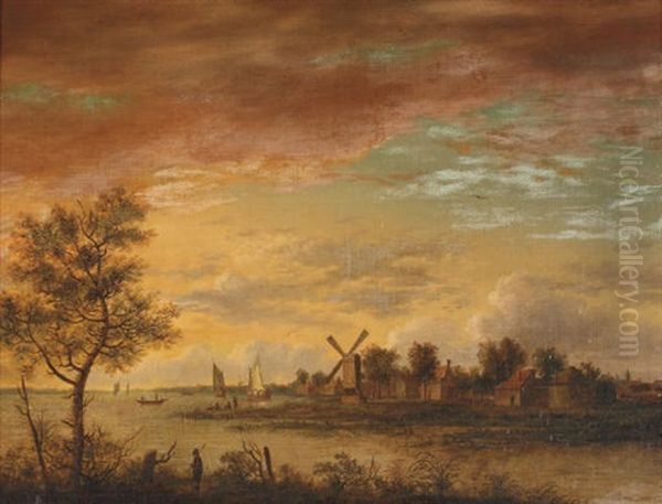 An Extensive River Landscape With A Windmill Oil Painting by Jan De Beyer