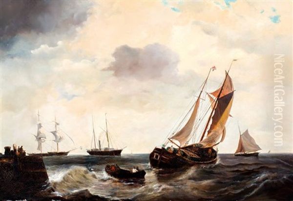 Vissersboten En Stoomschip Voor Een Havenhoofd Oil Painting by Johannes Coenraad Beyer