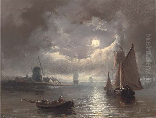 Barges On The Estuary, By Moonlight Oil Painting by Johannes Coenraad Beyer