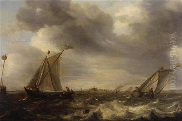 Painting Of Ships In Rough Seas Near The Coast Oil Painting by Abraham van Beyeren